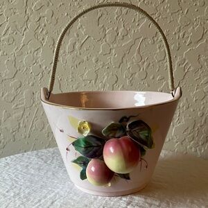 Lefton China: VTG 1955 Pink Porcelain Basket- Wicker Handle- chips & marks